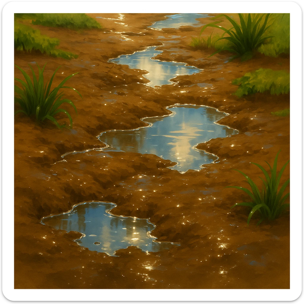 Make the wet soil look even wetter with puddles and shine, keeping the ghibli style and background. sticker