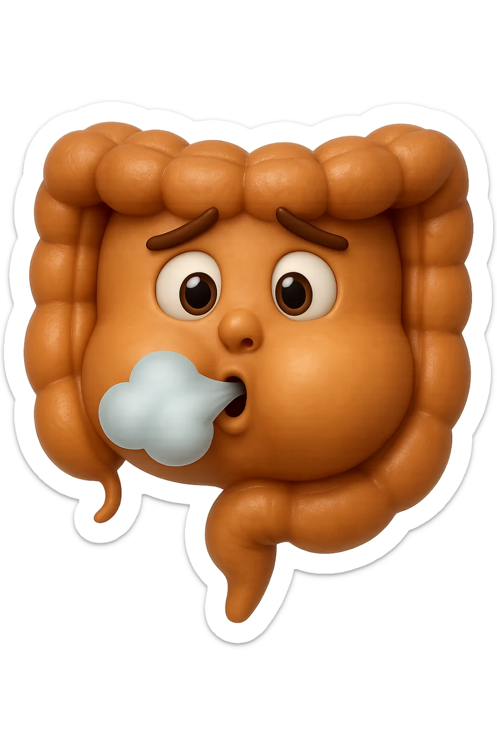 emoji stile iphone di un intestino che ingoia una nuvoletta di aria ben visibile e gli si gonfia la pancia, iperrealistico 4k sticker