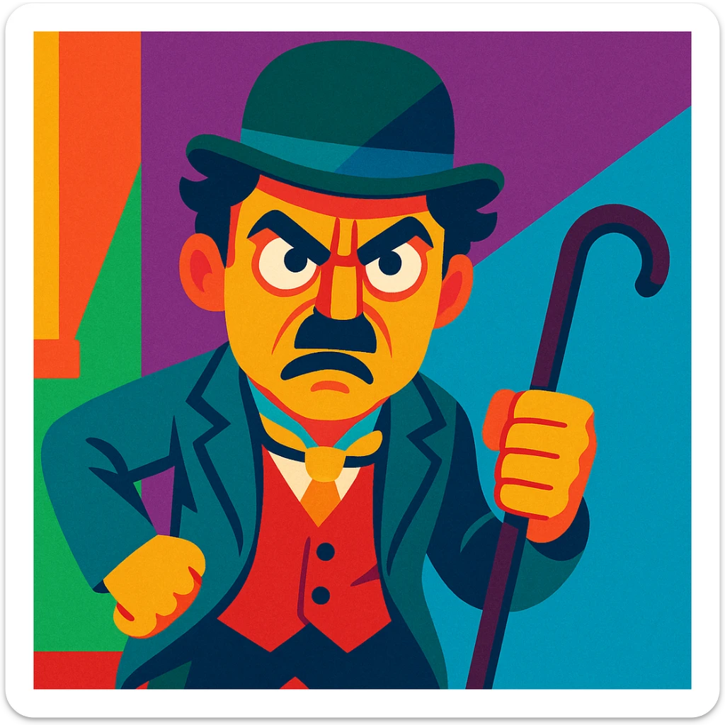 angry Charlie Chaplin, vibrant toon style, colorful, expressive, bowler hat, mustache, cane sticker