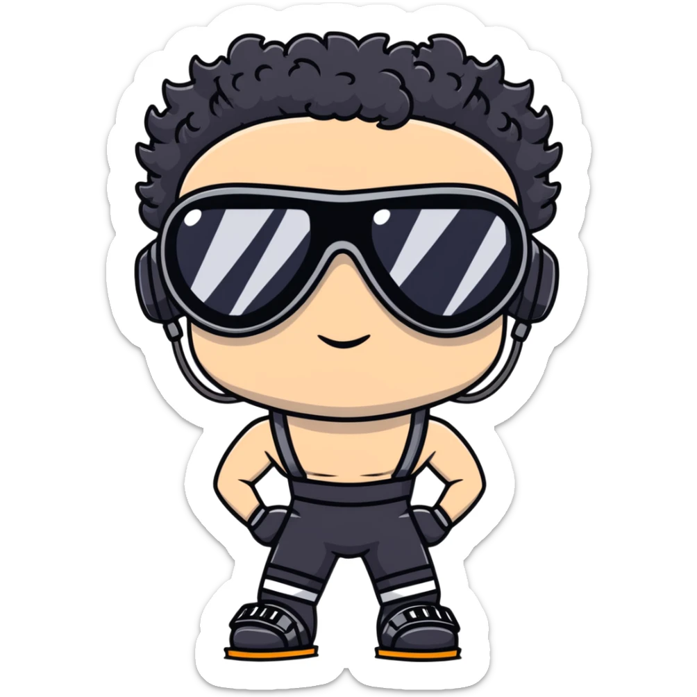 shirtless male athlete with white skin and moderately curly black hair on top with shaved sides, wearing black ski goggles with very dark heavily tinted black lenses that completely hide the eyes, and a simple plain black chain necklace, no earrings sticker