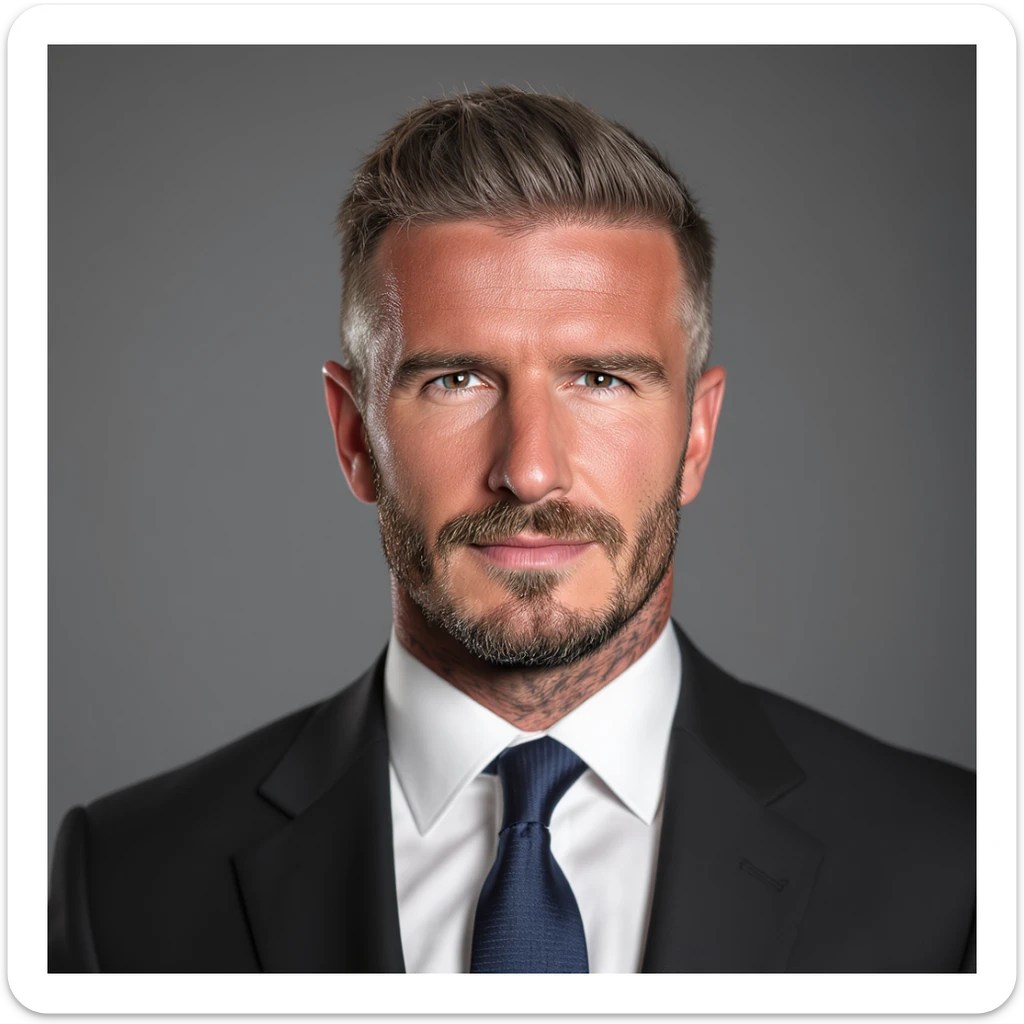 realistic portrait of David Beckham, famous English footballer, stylish, short hair, well-groomed beard, wearing a suit sticker