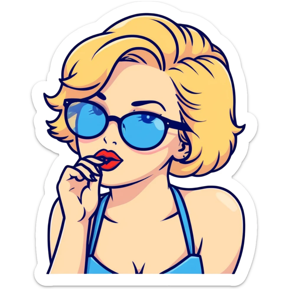 Pretty blonde pinup, blue eyes, wearing black glasses blowing a kiss  sticker