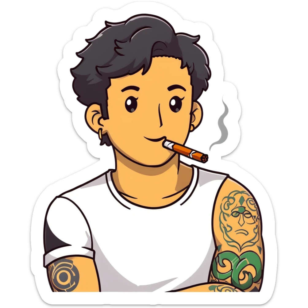 Italian man with tanned skin, curly black hair in short bob style, stubble, olive eyes, gold earring in left ear, white t-shirt, black tattoo on forearm, smoking cigarette sticker