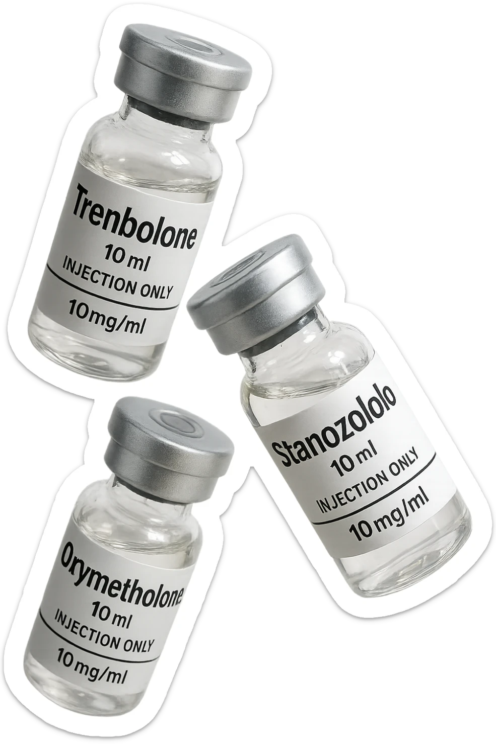 FIALE MEDICHE DI Trenbolone, stanozololo, oxymetholone FLUTTUANO IN ARIA, iperrealistico 4k, isolato su sfondo bianco sticker