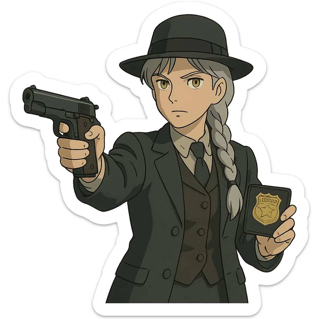 1 female, 1920's mens suit, long white hair braid, gold yellow eyes, muted dark colors, brandishing a colt 1911 and a detective badge sticker