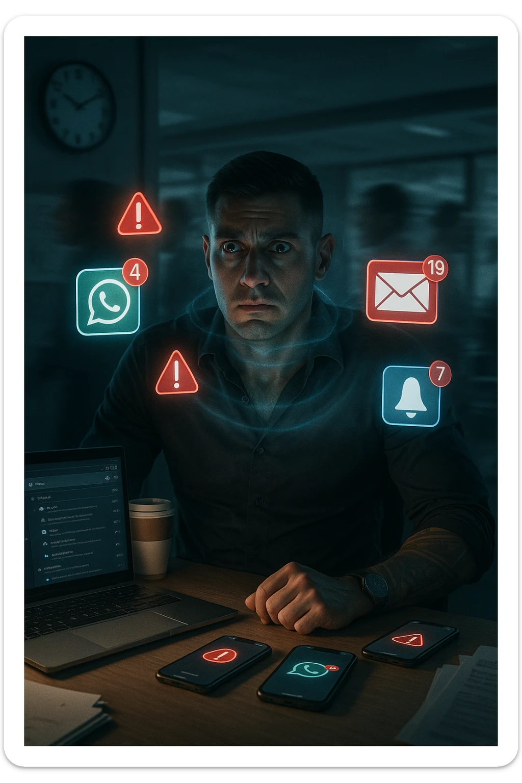 A highly realistic, cinematic portrait of a young man in his early 30s with a tired, tense expression, sitting at his modern office desk surrounded by multiple smartphones with glowing notification bubbles (WhatsApp, emails, alerts) hovering around him like aggressive neon icons. His posture is hunched, shoulders raised, eyes slightly wide, and jaw clenched, representing constant hyper-vigilance and stress. The environment is a cold, cluttered workspace with a laptop displaying endless emails and Slack notifications, coffee cups stacked nearby, and a clock showing late hours, symbolizing the relentless pace of modern work life. Behind him, ghostly blurred figures rush by in a fast-motion effect, representing the constant rush and societal pressure. A faint, tight grey aura wraps around his chest and head, symbolizing blocked breathing and mental tension, while faint blue light tries to push through, representing the body’s desire to find calm. The lighting is harsh and cool, with a 35mm hyperrealistic film style, shallow depth of field focusing on the man’s stressed face and the floating notifications, illustrating the modern trap of always being on alert. sticker