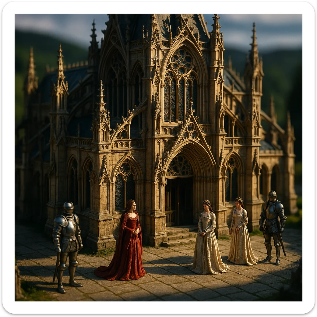 highly detailed 3D tilt-shift model of a medieval Gothic palace with knights and beautiful ladies, dramatic cinematic lighting, epic mood, blurred natural landscape background sticker