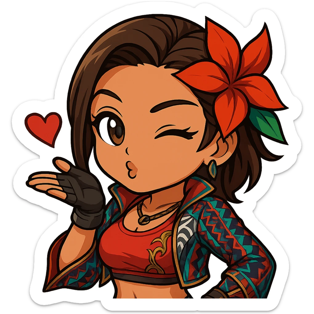 Azucena from Tekken 8 in chibi sticker style, blowing a kiss with a flirty expression, standard Twitch emote, wearing her detailed red and patterned outfit as shown in the reference images. sticker