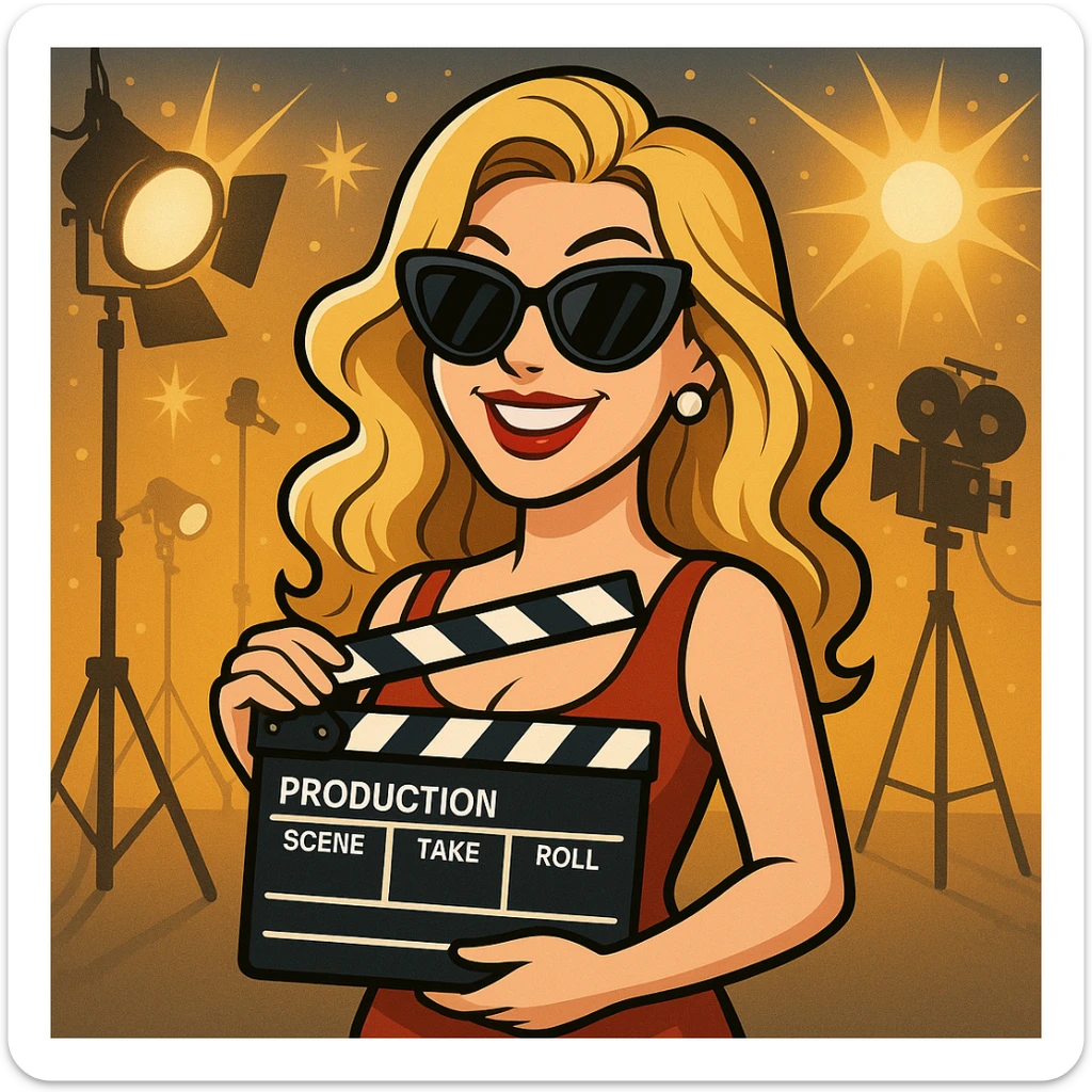 a cartoonish Hollywood film star with sunglasses and a movie clapper sticker