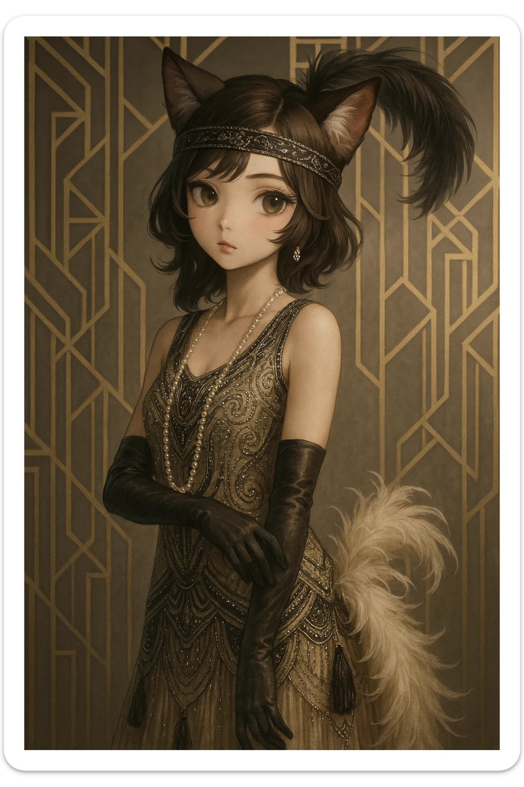 realistic anime catgirl in vintage 1920s fashion, art deco background, elegant pose sticker