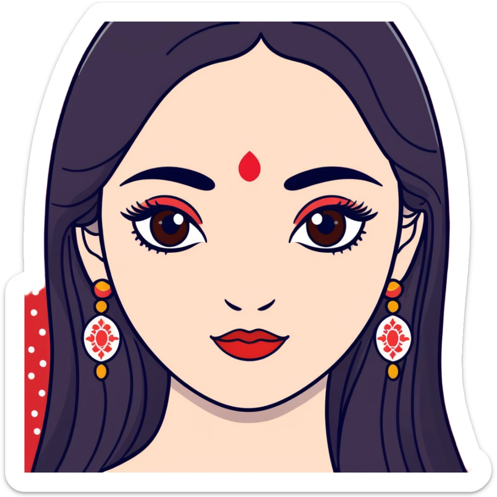 White girl with long oval shaped face, large almond shaped eyes with long eyelashes, long straight black hair falling in front of her bare shoulders, face closeup, with intricate patterned red and white gopi dots in a decorative design above eyebrows sticker