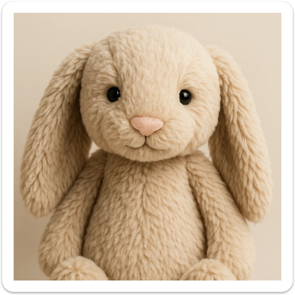 jellycat bashful bunny plush toy in beige, close-up of face, soft texture, neutral background sticker