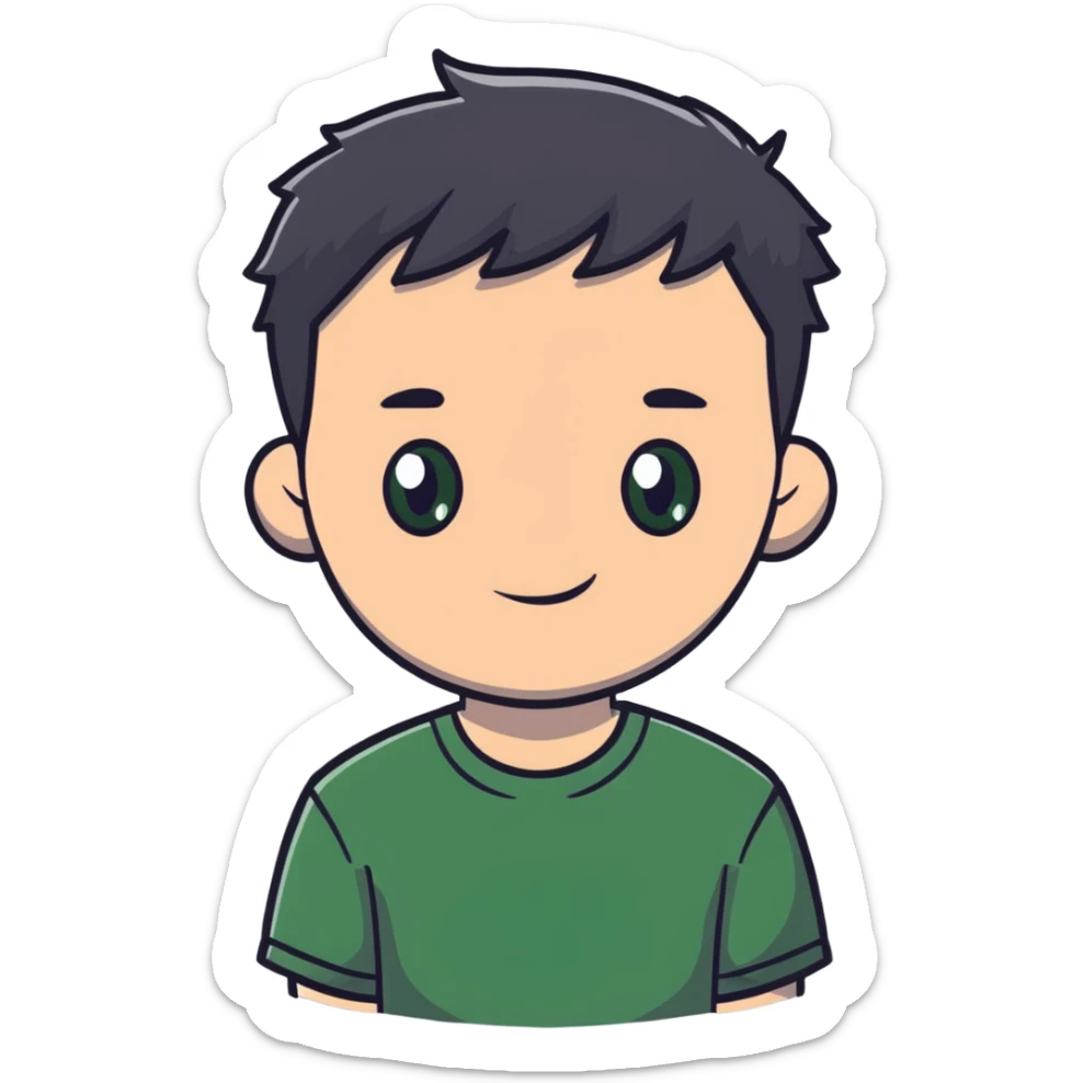 white man with dark messy short hair, dark green eyes, wearing a gray t-shirt sticker