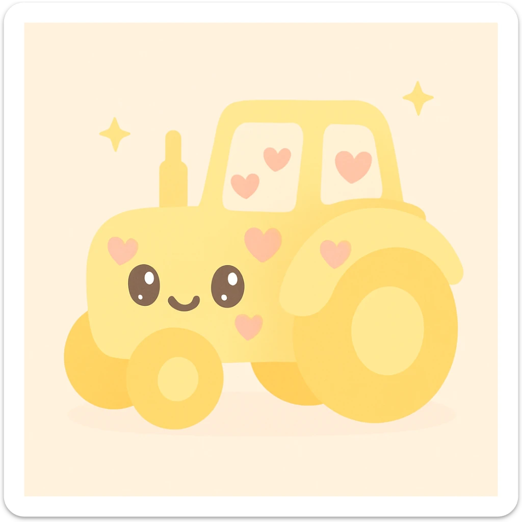 yellow tractor with pink heart emojis on its body, cheerful and cartoonish sticker