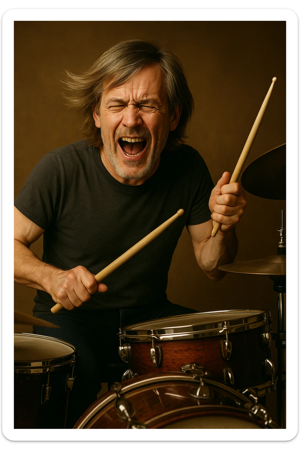 Make the male drummer look older with mature facial features and subtle signs of age, while keeping the blonde long-on-top bangs hairstyle and dynamic pose. sticker