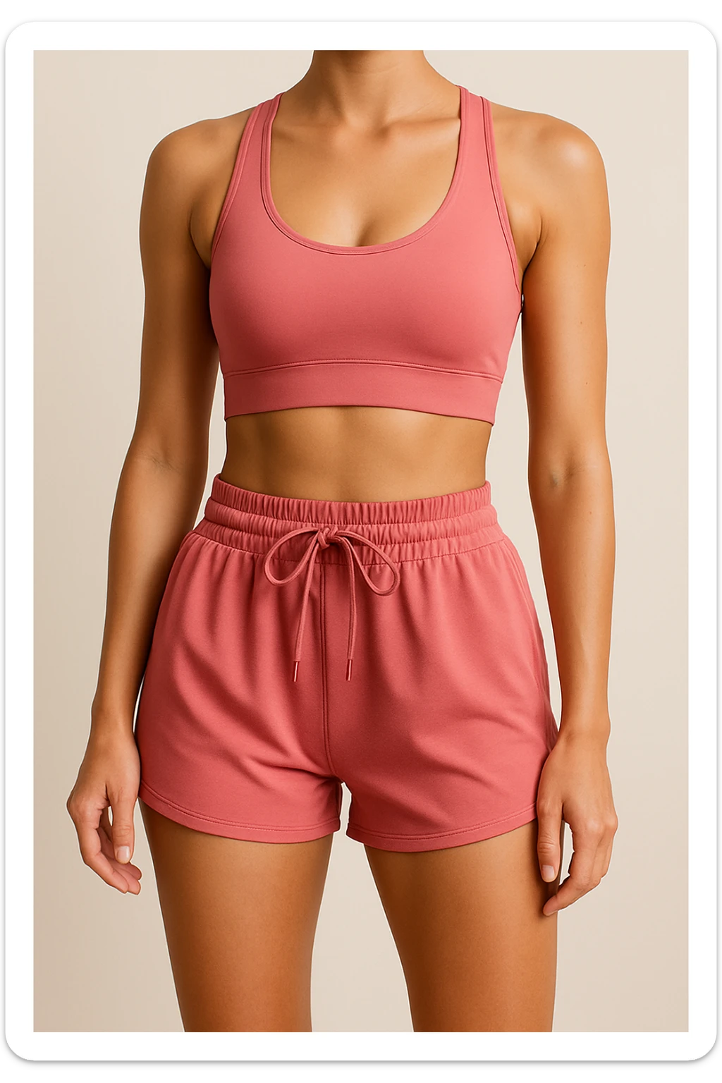 trendy activewear: pink sports bra and pink shorts, athletic and comfortable, simple background sticker