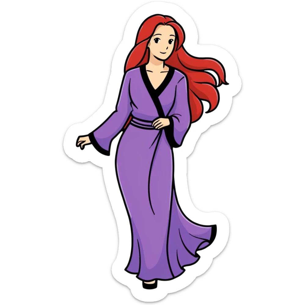 Woman with long red hair in purple flowing looking like a raven in her early 50’s sticker