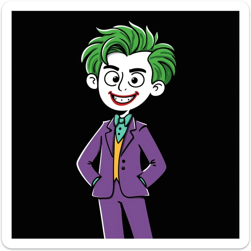 The Joker villain full body with green hair, purple suit, white face, red lips, maniacal laugh sticker