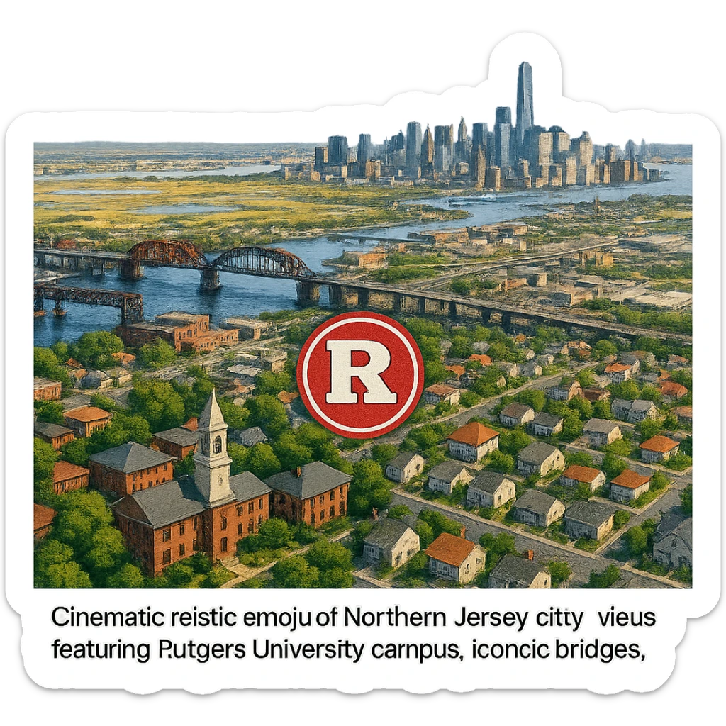 cinematic realistic emoji of Northern New Jersey city view featuring Rutgers University campus, iconic bridges, skyline, suburban neighborhoods, and the Meadowlands, lifelike detail, accurate colors, bright daytime, no sky, no clouds sticker