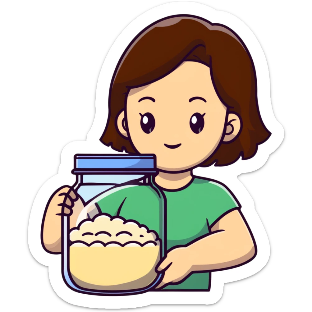 designer woman with brown hair holding a big glass jar of rice sticker