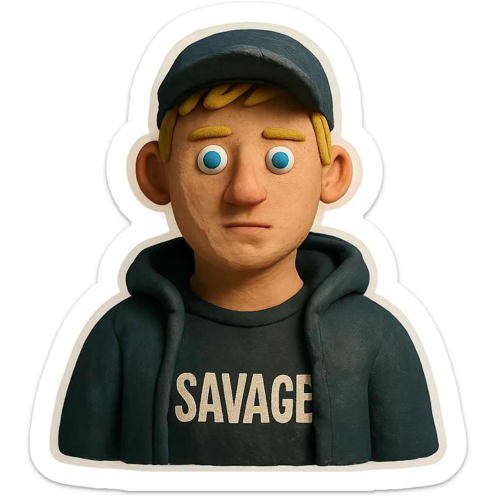 young man with short blonde hair, blue eyes, light skin, dark cap, dark hoodie over a "SAVAGE" t-shirt, white outline sticker effect sticker