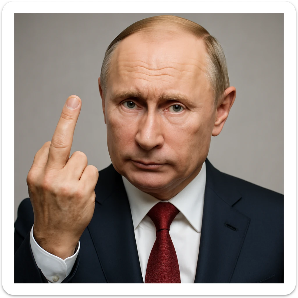 Make the image even more photorealistic, enhancing the realism of Vladimir Putin's face and hand. Ensure the middle finger gesture is clearly and explicitly a 'fuck you' sign. Include detailed lighting and skin texture. No text. sticker