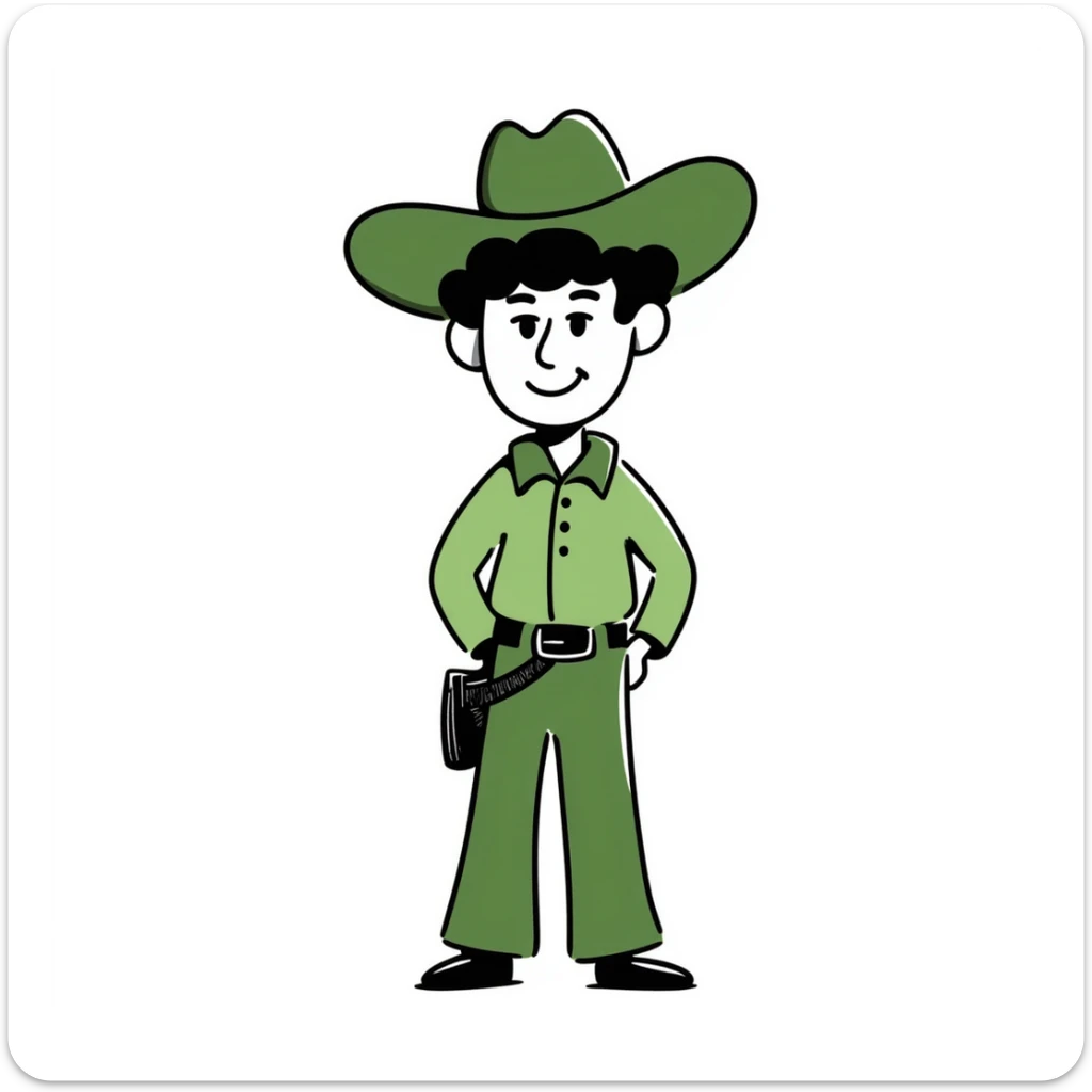 Hand-drawn cowboy character with green shirt, green pants, and matching green cowboy hat, western style sticker