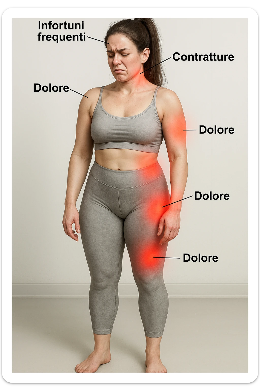 donna con infortuni e contratture frequenti in 3D realistica, donna dolorante immagine medica in italiano  sticker