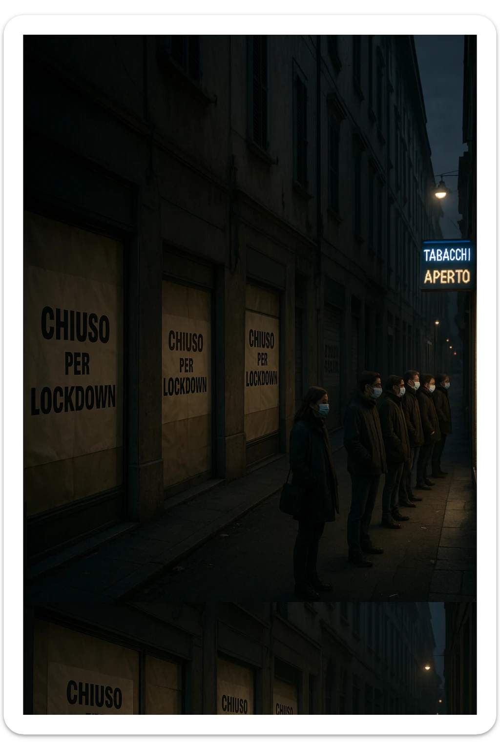 a deserted city street with all shops and businesses shuttered, their windows covered with “Chiuso per Lockdown” signs. In contrast, a brightly lit tobacco shop stands open, with a glowing “Aperto” sign and people lined up outside, all wearing masks. The mood is somber and critical, highlighting the paradox. in italiano sticker