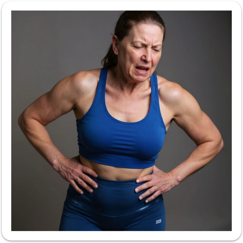 Realistic style image of a woman in sportswear inspired by the reference photo, showing pain in the lower back, with both hands on the lumbar area and a pained expression, neutral background. sticker