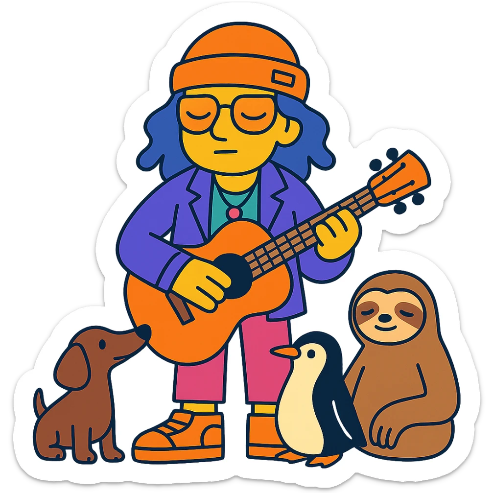 sleepy, creative musician with cool fashion, holding a guitar, surrounded by dachshund, penguin, and sloth sticker