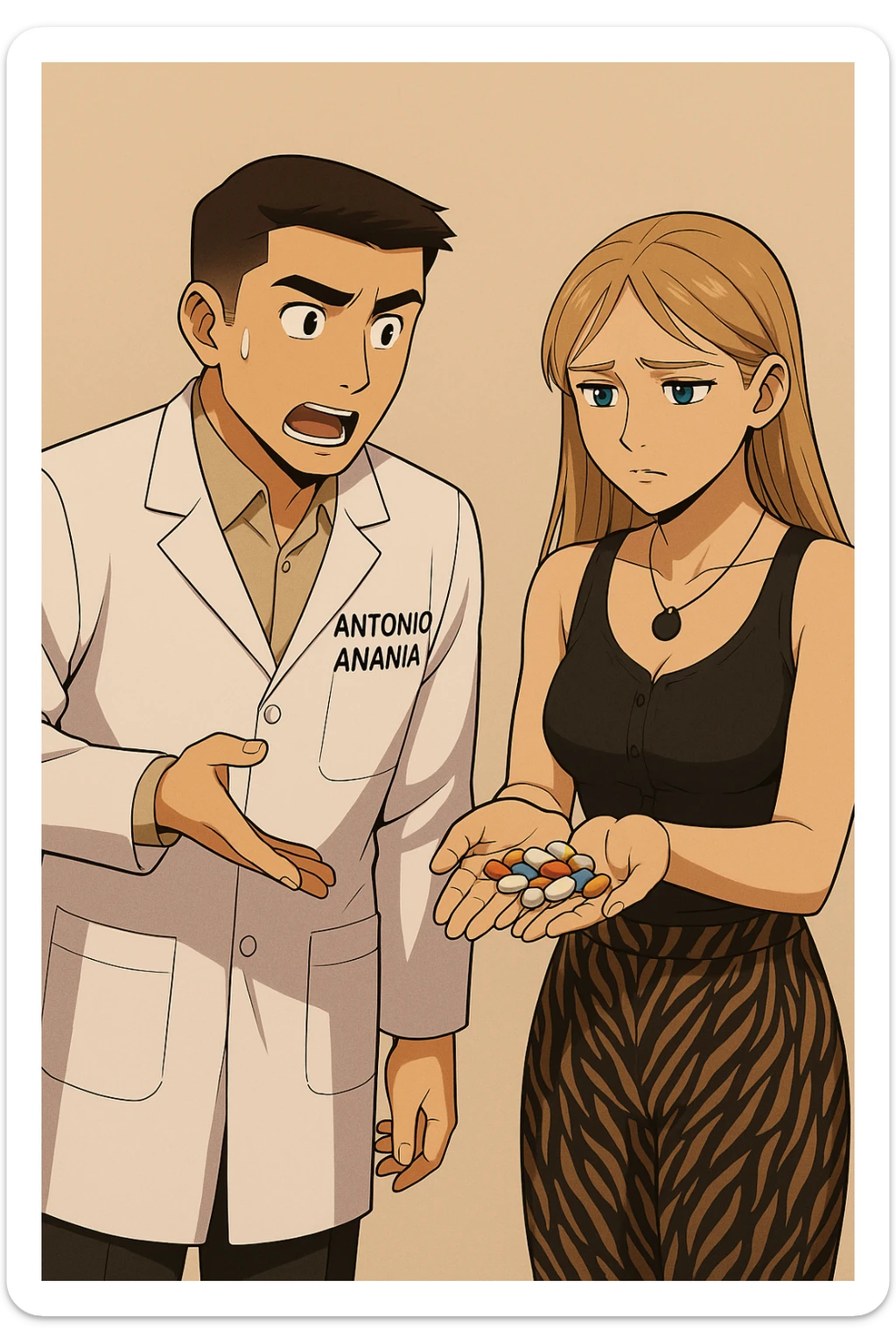 fai un webtoon/manga a colori con questo kinesiologo in camice bianco (fagli la scritta "ANTONIO ANANIA" SUL CAMICE) CHE PARLA CON QUESTA RAGAZZA CON GLI OCCHI AZZURRI. la ragazza gli fa una domanda e IL KINESIOLOGO CON IL CAMICE BIANCO LE risponde. NON FARE I FUMETTI, FAI SOLO LORO COME SE DIALOGASSERO sticker