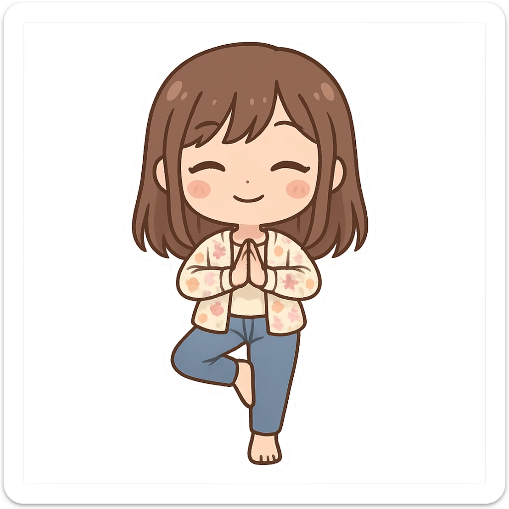chibi sticker of a girl with brown straight hair and brown eyes, wearing a pastel floral cardigan and jeans, doing yoga in tree pose, white outline, transparent background, 512x512px sticker