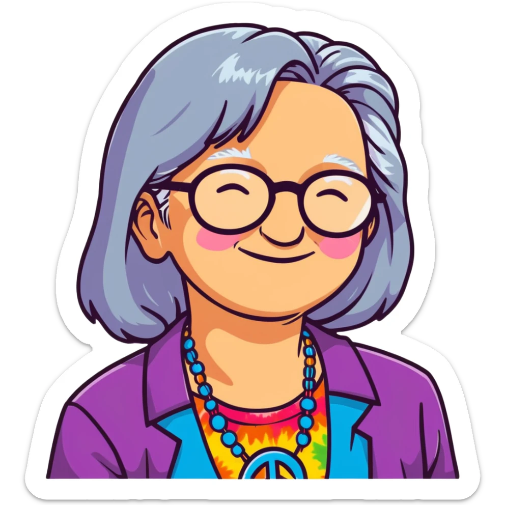 Elderly woman with long gray hair, peace sign necklace, colorful tie-dye clothing, round glasses, hippie grandma with a relaxed smile sticker