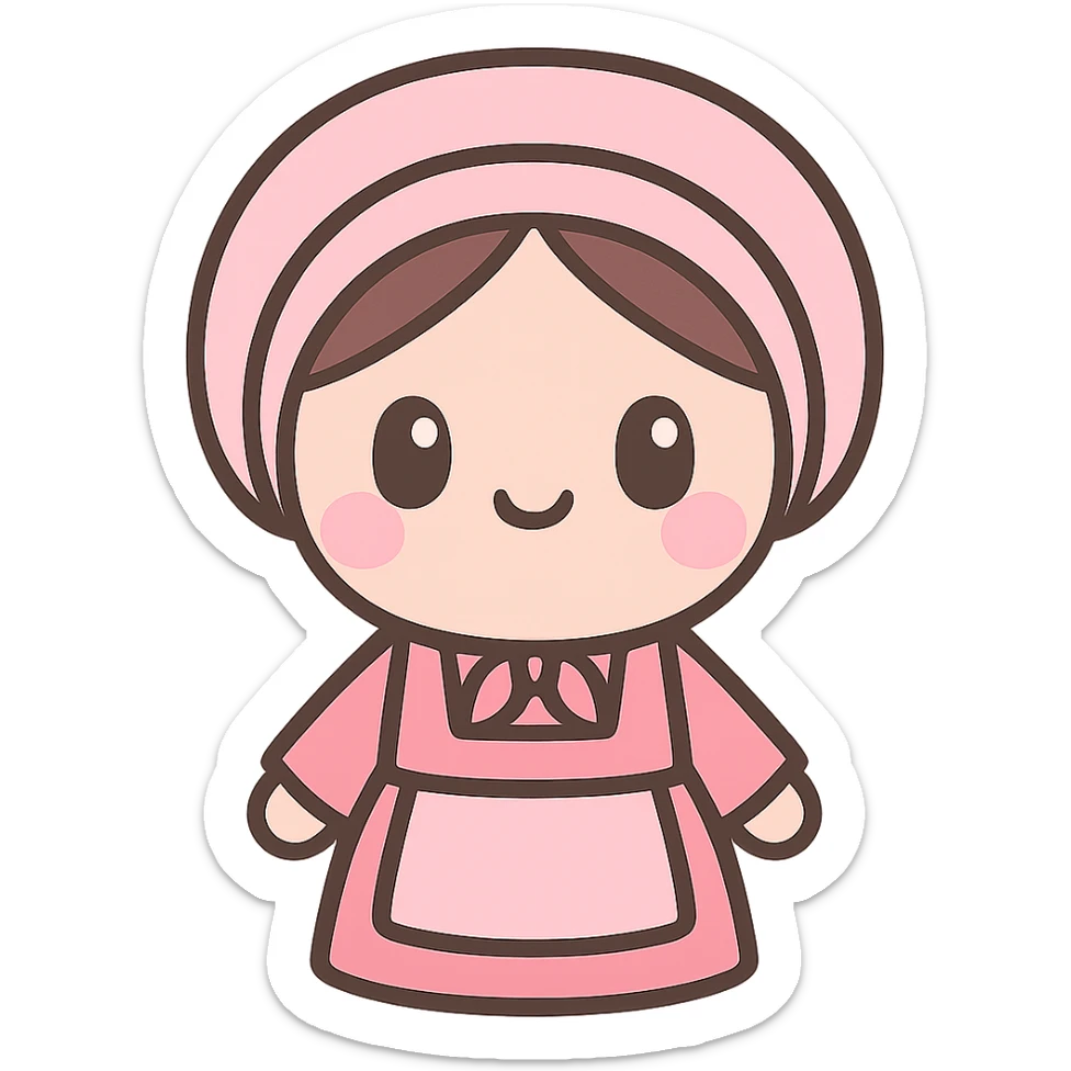 Amish woman in traditional dress, pink color scheme, super cute, kawaii style, emoji style sticker