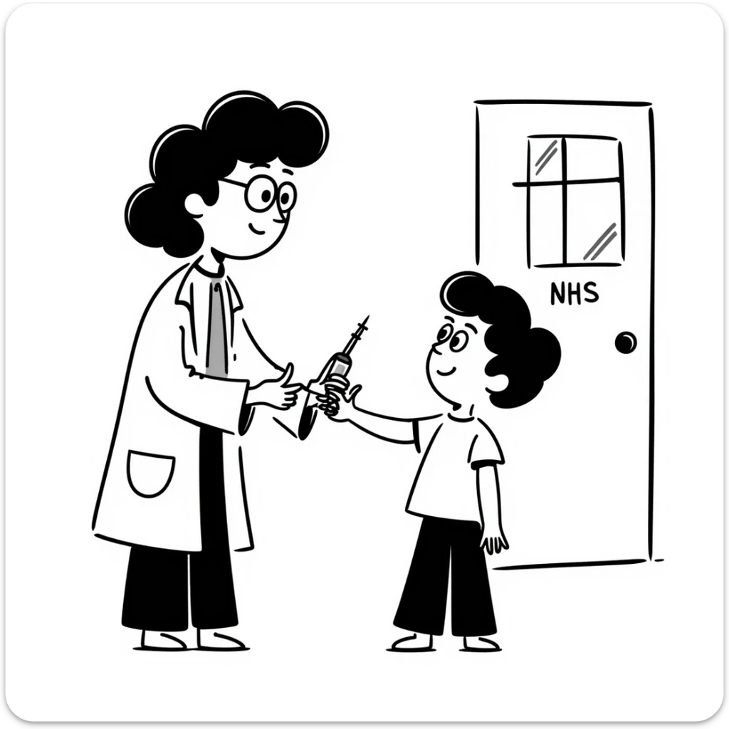 A 1960s doctor injecting a measles vaccination to a happy child in a doctors surgery.  On the door is a sign that reads NHS sticker