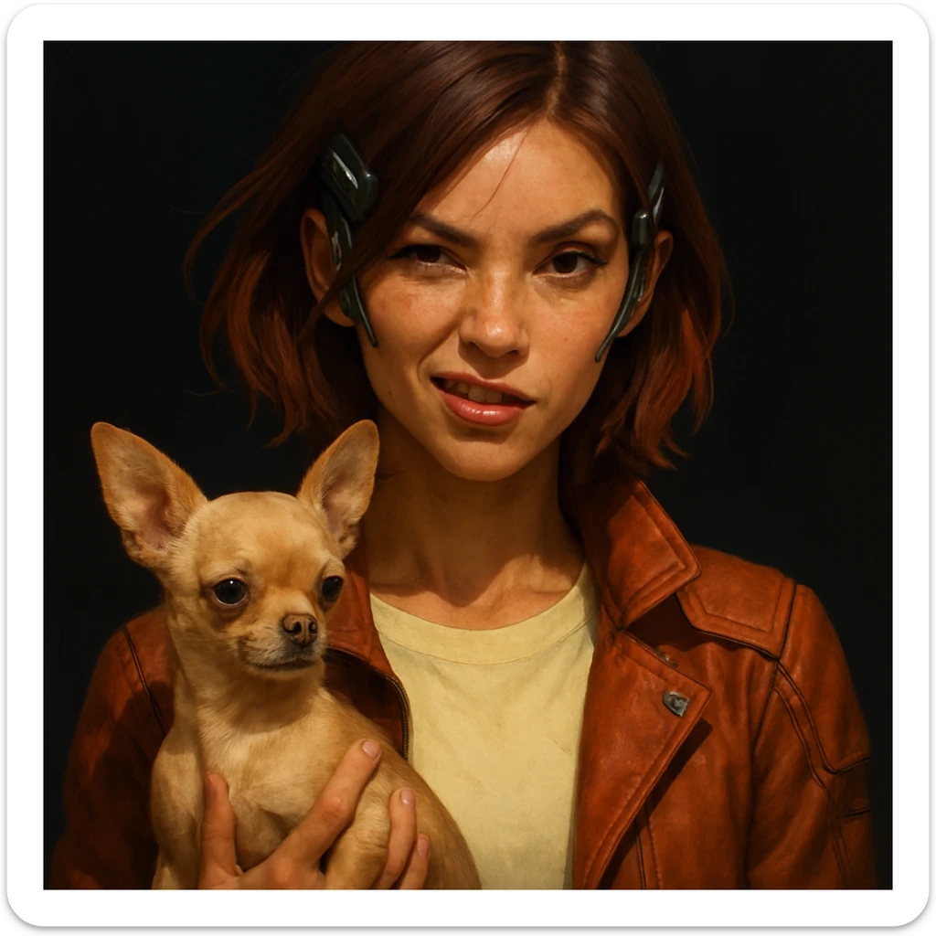 Portrait of a futuristic style woman with tanned skin and subtle freckles, wearing a pale yellow shirt (#FFF8CA) and a rust-colored jacket, mid-length brown hair with auburn highlights, rebellious and playful expression, holding a beige-brown chihuahua, dark background. sticker