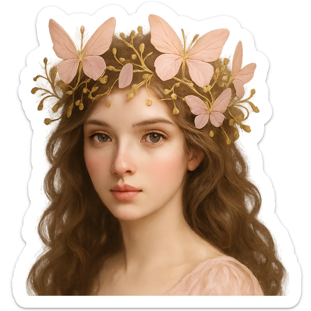 Change the butterfly crown to pastel pink with golden butterflies and vine motifs, lush and enchanting. Keep the background transparent. sticker