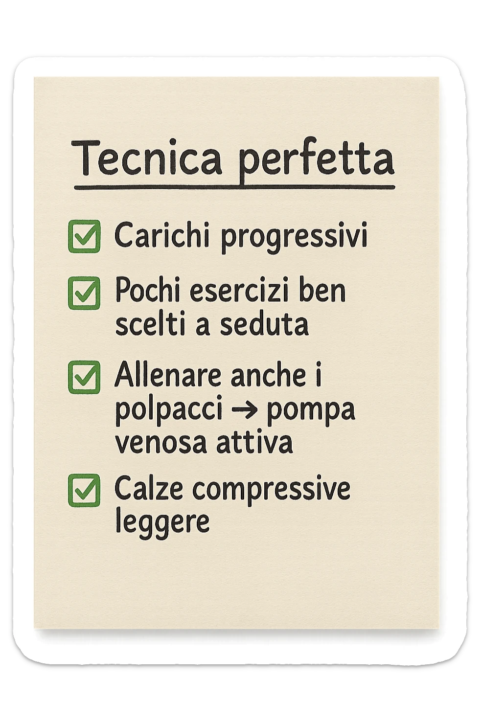 FOGLIO DI CARTA PER L'ALLENAMENTO IN PALESTRA CON LA SCRITTA "Tecnica perfetta
 ✅ Carichi progressivi
 ✅ Pochi esercizi ben scelti a seduta
 ✅ Allenare anche i polpacci → pompa venosa attiva
 ✅ Calze compressive leggere" , IPERREALISTICA 4K sticker