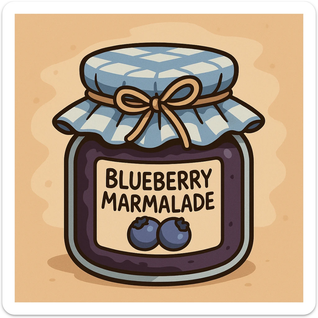 cartoon style jar of blueberry marmalade with a blue and white tiled fabric cap and a bow tied on top sticker