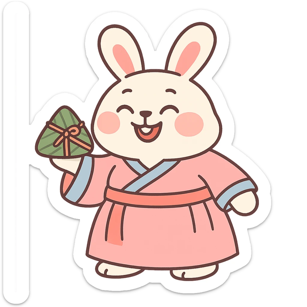 chubby bunny in hanfu holding a bamboo-wrapped zongzi with a big smile, Chinese traditional style, soft tones sticker