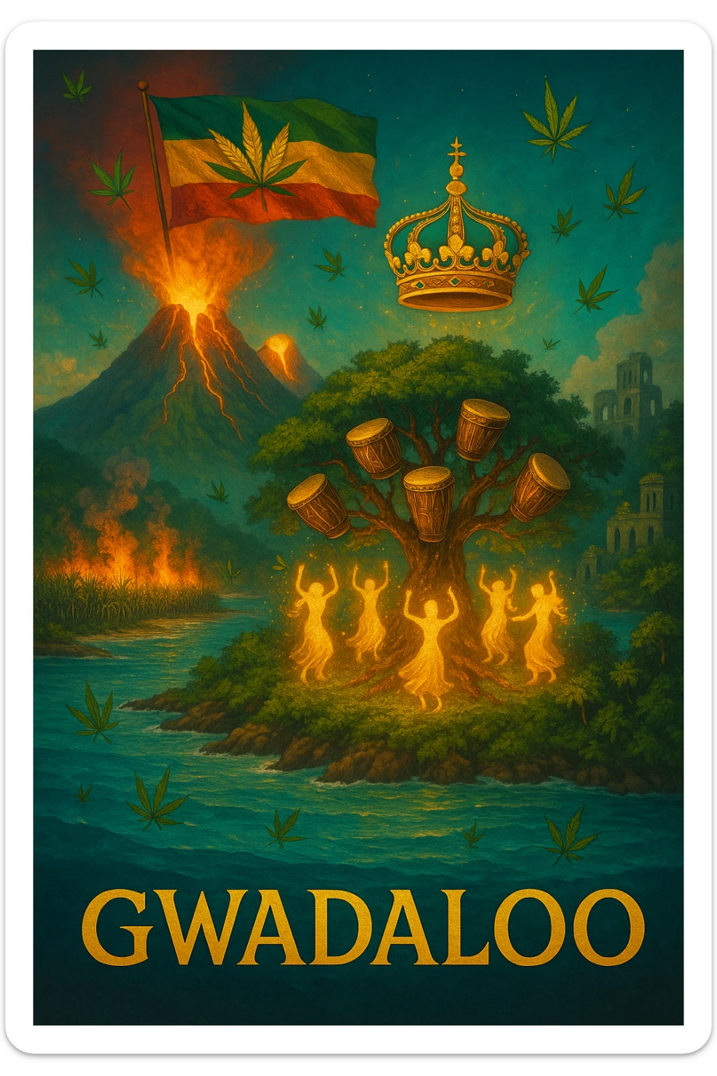 “Depict a mystical reimagining of Guadeloupe, a sacred French Caribbean island renamed Gwadaloo in spiritual rhythm. The landscape blends lush green mountains, twin volcanoes erupting golden light, and deep turquoise sea. In the center stands a legendary Drum Tree — its branches grow carved wooden drums instead of fruit, and glowing ancestral spirits dance around it in a circle of rhythm. Sugarcane fields burn gently in the background, symbolizing the release of colonial pain, while ganja leaves drift in the wind like blessings. Overhead, a sacred ganja-leaf flag flutters in the sky with red, green, and gold colors. A Creole crown floats in golden light above the island, not on any man’s head, but pulsing to the beat of the land. In the distance, ghostly ruins of colonial buildings crumble into dust, reclaimed by vines and time. Use a vibrant, cinematic color palette with warm golden light, deep greens, glowing reds, and ocean blues. Style the scene as prophetic, surreal, and empowering — a vision of Caribbean sovereignty, rhythm, and soul remembrance." sticker