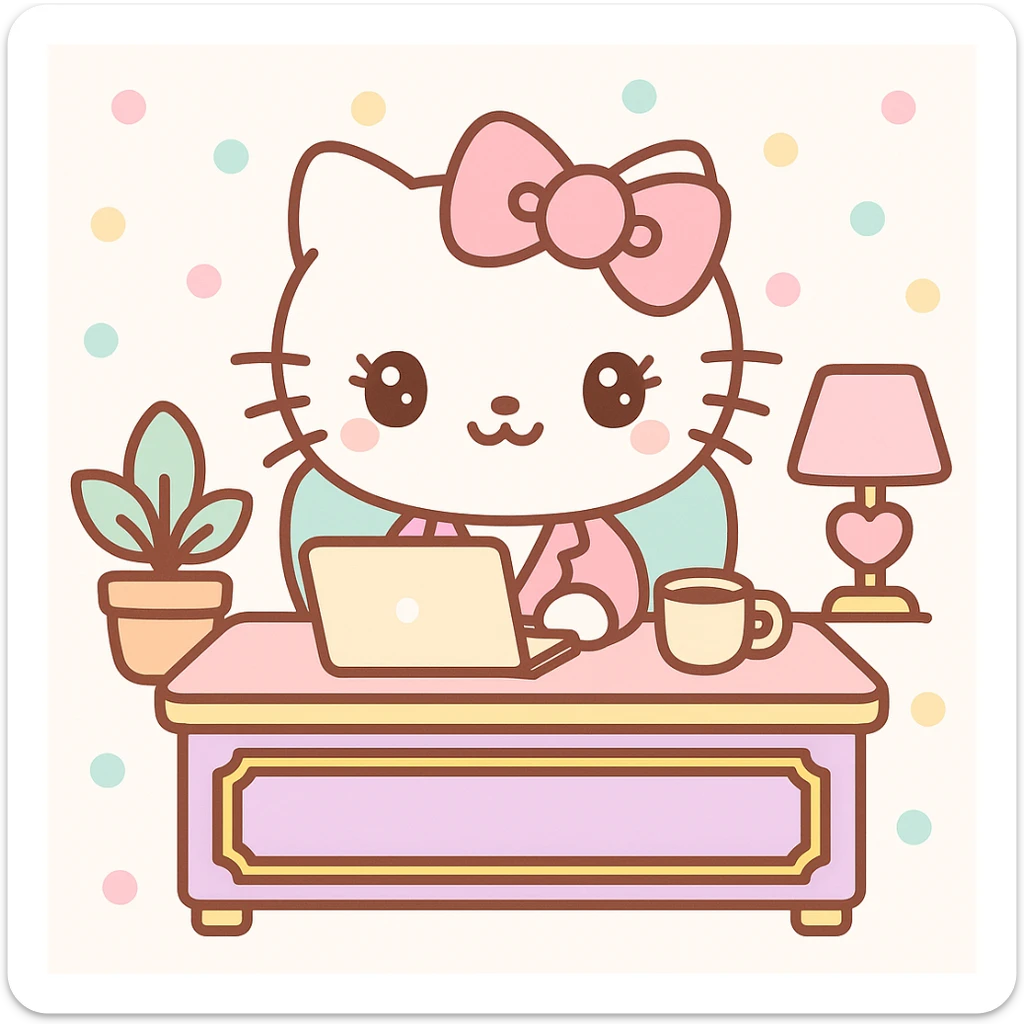 girly CEO cat with a big bow, sitting at a gold-accented desk, laptop and coffee cup, plush office decor, Hello Kitty world, kawaii style sticker