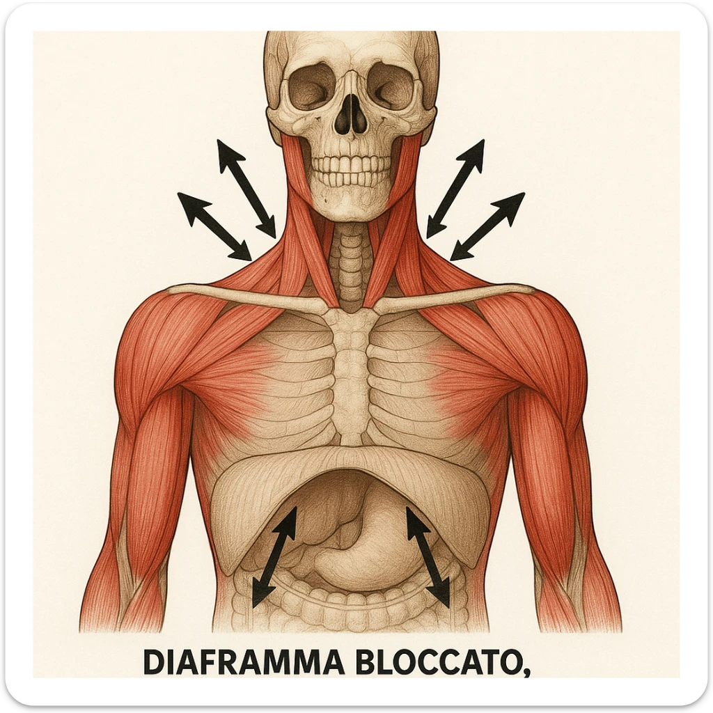 vista anteriore con diaframma bloccato, muscoli del collo e scapole evidenziati, frecce che mostrano la direzione della tensione, didascalia in italiano sticker