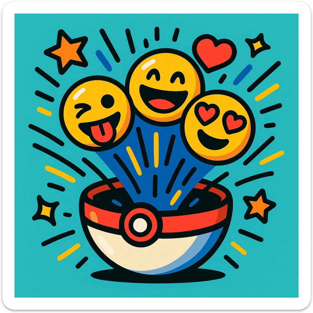 A Poké Ball with emojis popping out of it, surrounded by animated effects like lines and stars, playful energetic cartoon style sticker