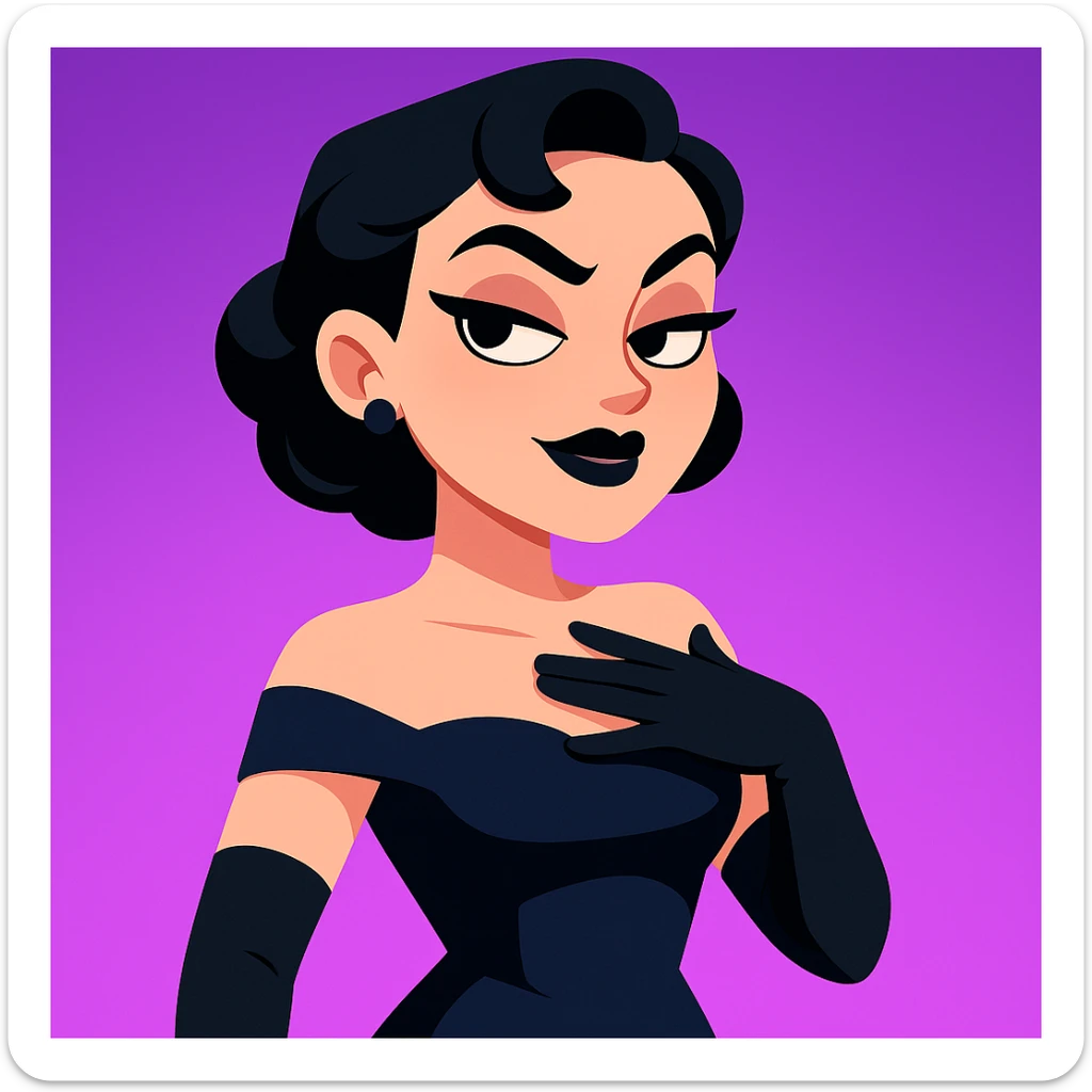 cute animated 3D cartoon character of a glamorous woman with short black hair in elegant curls, wearing a dark navy blue off-shoulder gown and long black gloves, confident slightly smug facial expression with bold dark makeup including black lipstick and sharp eyebrows, hand placed on chest as if in disbelief or sass, bright purple gradient background, mobile game character art style sticker