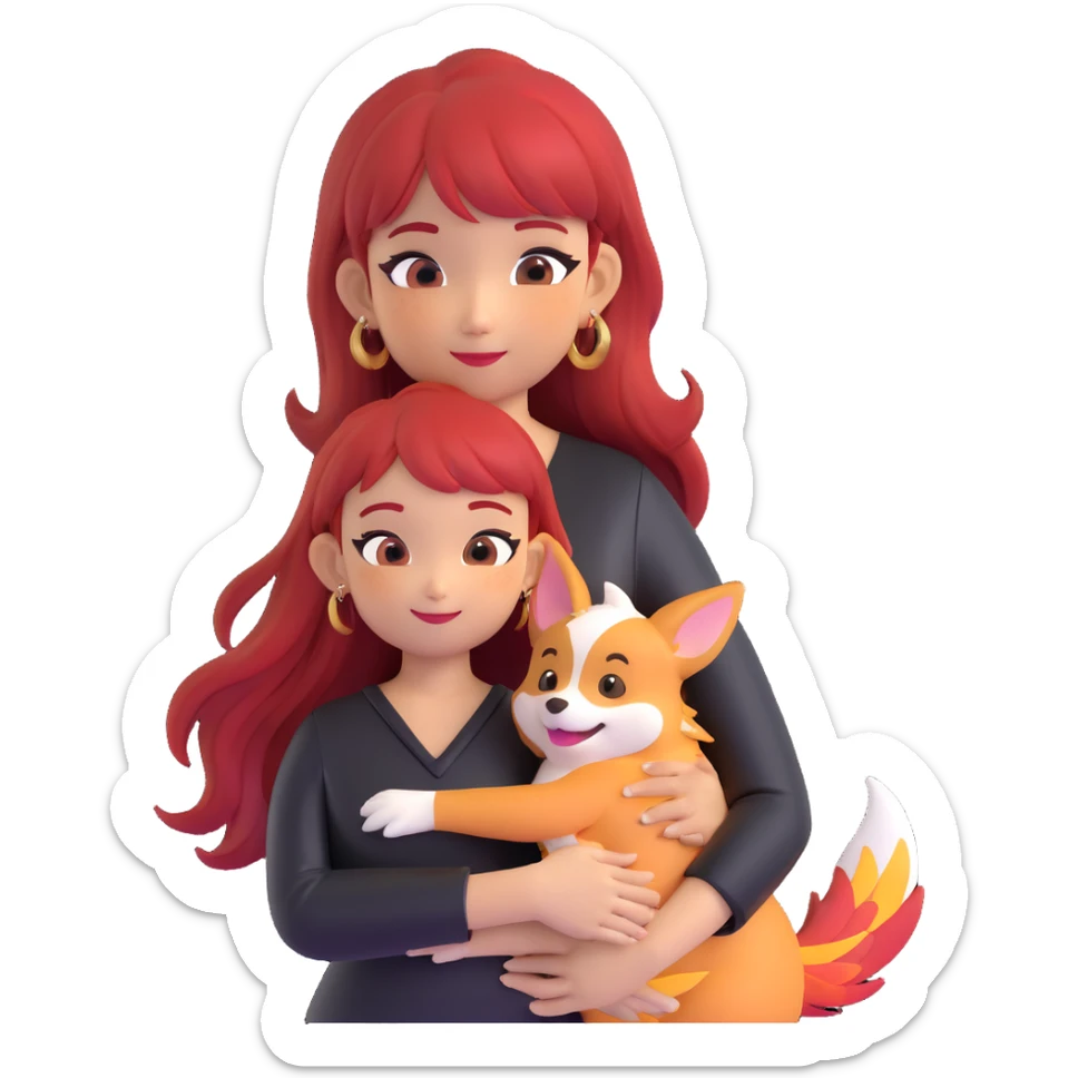 Asian girl with long hair and wispy bangs, black leather dress, gold earrings, subtle false lashes, 3/4 sleeve tattoo with phoenix and dragon on left arm, hugging joyful red head tri-color corgi sticker