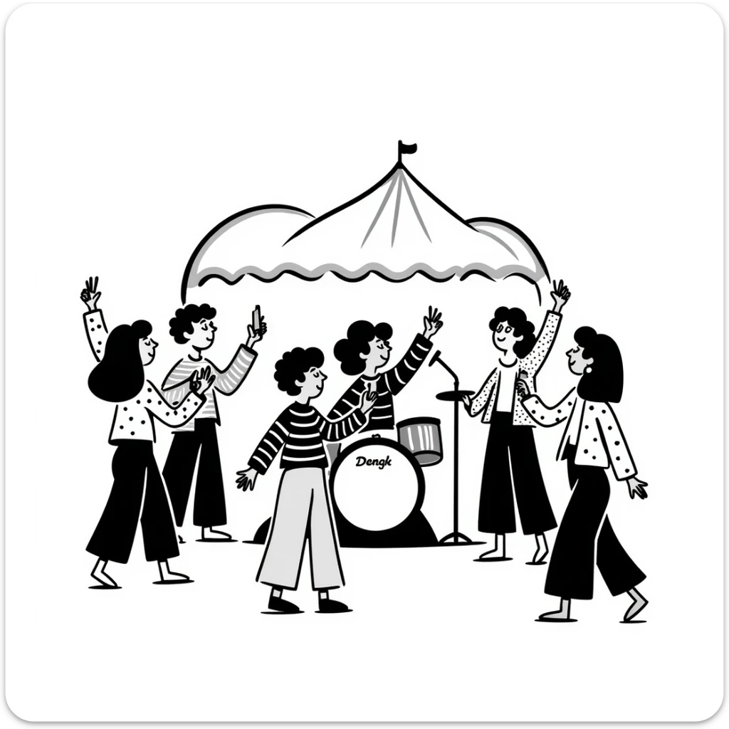 music festival, group of friends enjoying live music, summer, bright colors, playful vibe, doodle style sticker