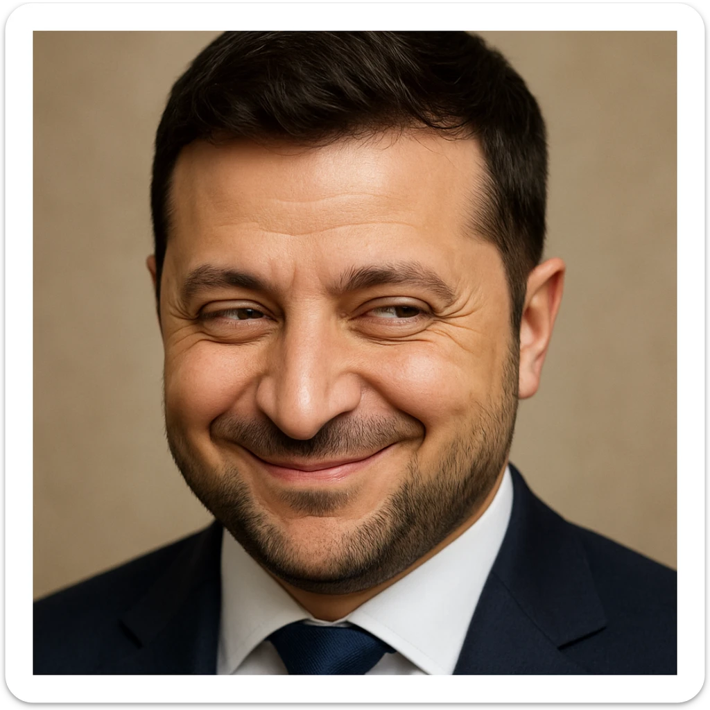 photorealistic emoji style portrait of Vladimir Zelensky with a very sly expression sticker