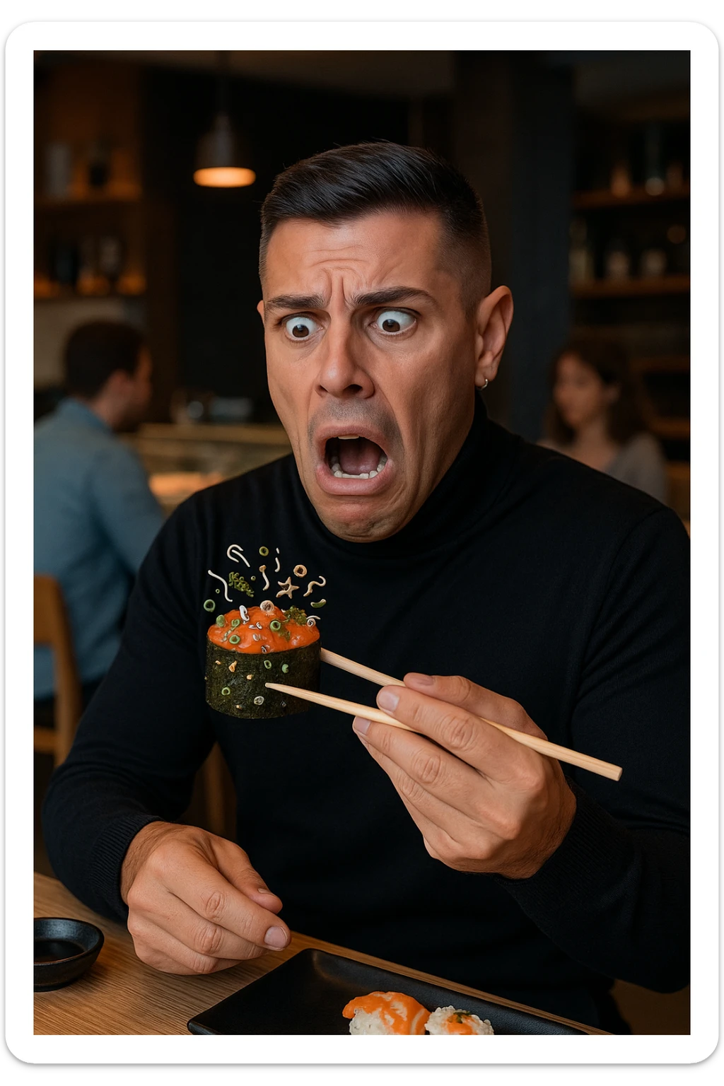 a man in casual clothes is about to eat a salmon gunkan at a sushi restaurant. As he brings it closer, he spots tiny parasites and bacteria wriggling on the fish. His face contorts in a dramatic expression of shock and alarm, with his hand frozen mid-air. The setting is a modern sushi bar, with other diners in the background unaware of the situation. sticker